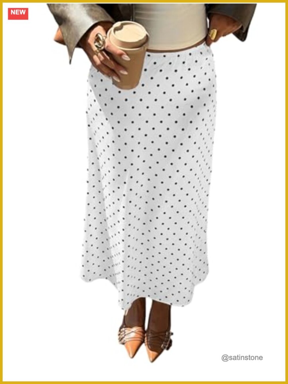 Polka Dots Low Rise Satin Flowy Long Maxi Skirt, Lace Trim, Summer